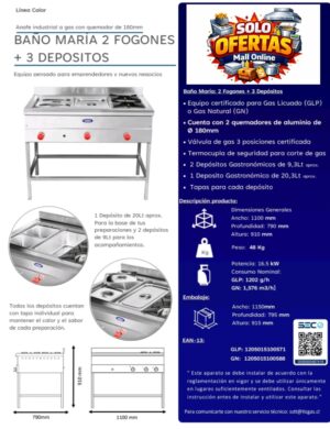 baño maria 3 depositos 2 fogones Baño maria 3 depositos + 2 quemadores certificada acero inoxidable gas Licuado/natural
