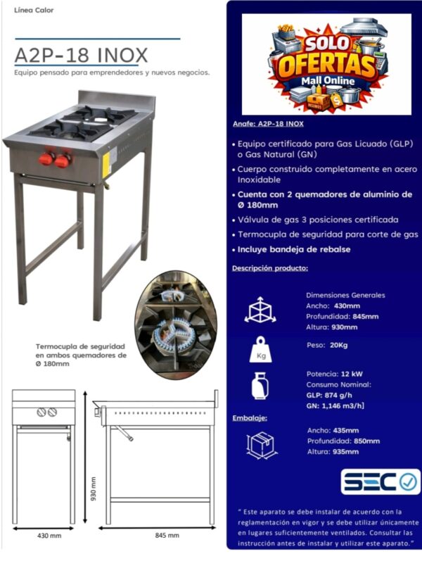 cocina 2 platos acero certificada Cocina Anafe 2 Quemadores 180mm Inoxidable gas certificada licuado/natural