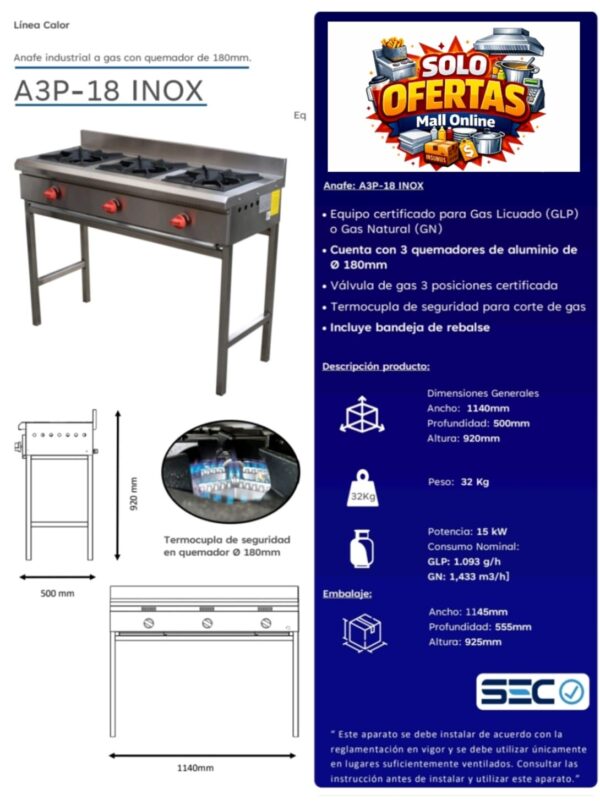 Cocina Anafe3  Quemadores 180mm  Inoxidable  certificada  gas licuado/natural