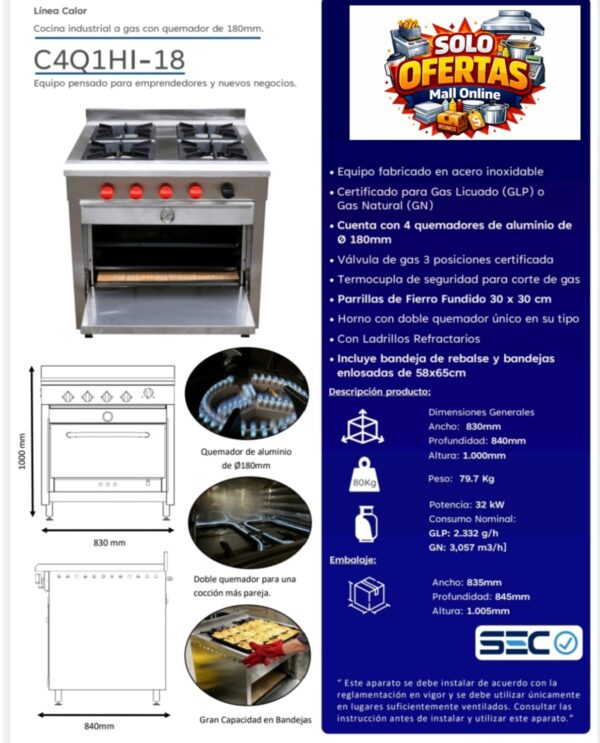 cocina 4 platos con horno industrial certificada 58x65 Cocina con horno 4 platos inoxidable 58x65 certificada gas natural gas licuado