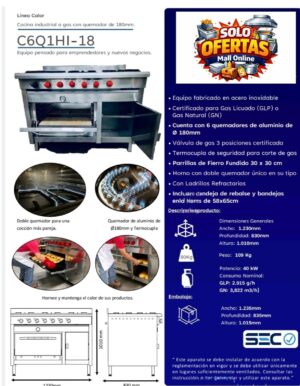 cocina 6 platos con horno industrial y caletador de platos certificada 58x65 Cocina con horno 6 platos + calienta platos inoxidable 58x65 certificada gas natural gas licuado