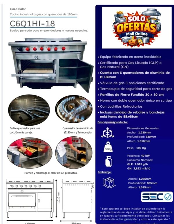 cocina 6 platos con horno industrial y caletador de platos certificada 58x65 Cocina con horno 6 platos + calienta platos inoxidable 58x65 certificada gas natural gas licuado