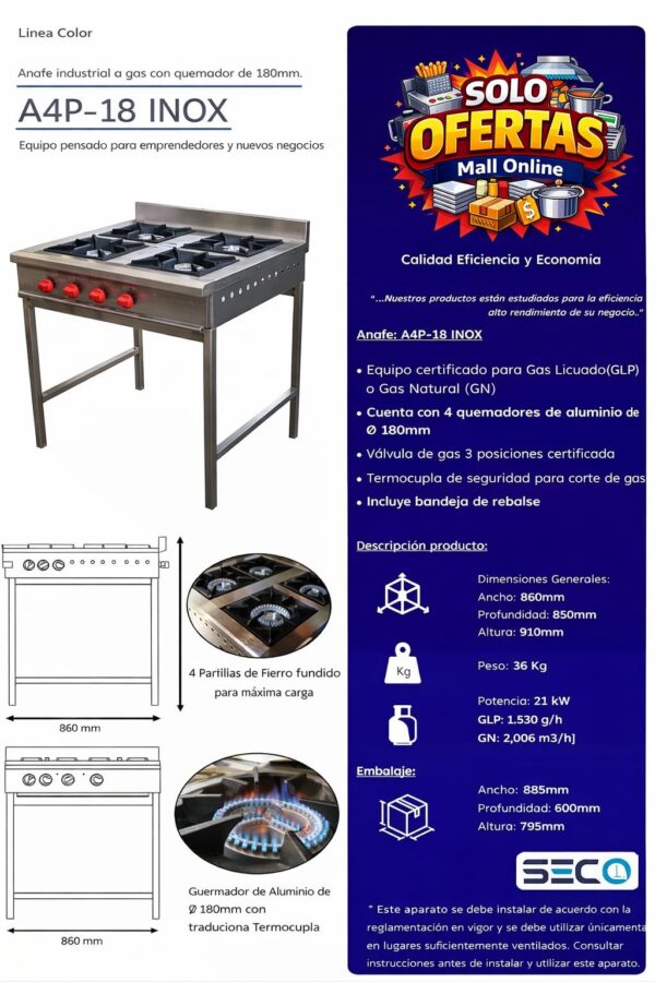 Cocina Anafe 4 Quemadores 180mm  Inoxidable  certificada  gas licuado/natural