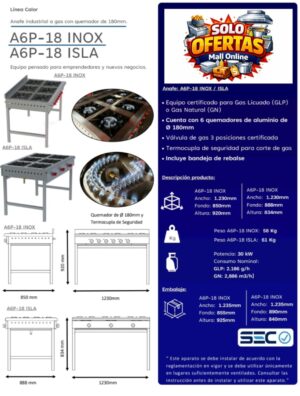 cocina sin horno indiustrial 6 platos certificada Cocina Anafe 6 Quemadores 180mm Inoxidable certificada gas licuado/natural