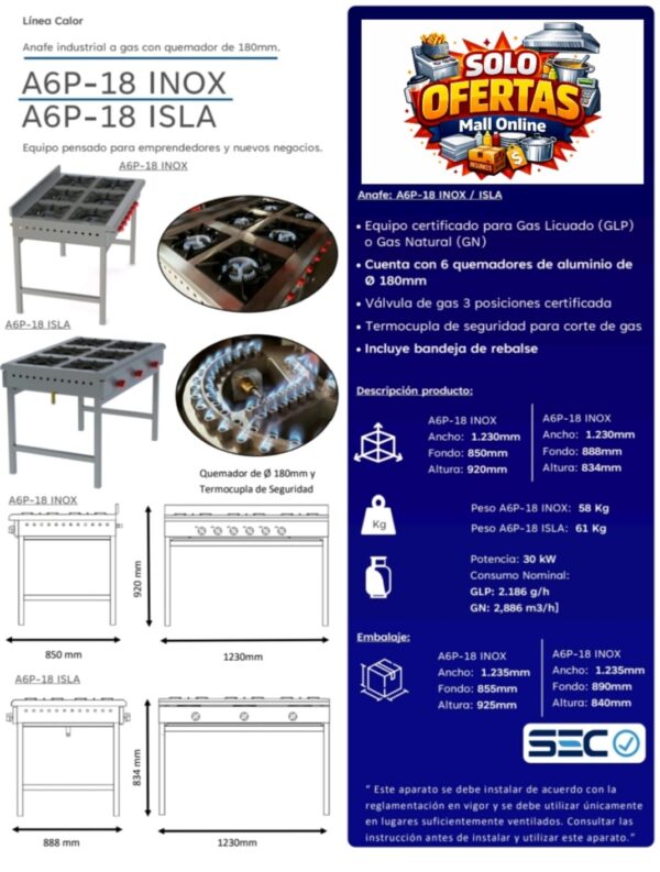 cocina sin horno indiustrial 6 platos certificada Cocina Anafe 6 Quemadores 180mm Inoxidable certificada gas licuado/natural