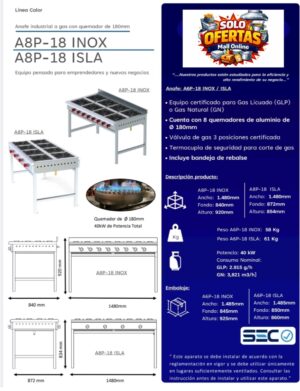 cocina sin horno indiustrial 8 platos certificada Cocina Anafe 8 Quemadores 180mm Inoxidable certificada gas licuado/natural