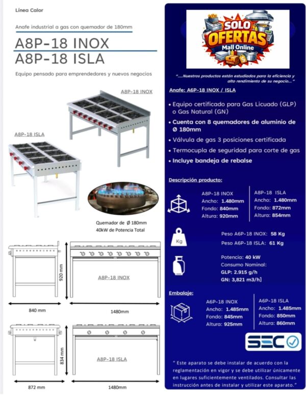 cocina sin horno indiustrial 8 platos certificada Cocina Anafe 8 Quemadores 180mm Inoxidable certificada gas licuado/natural