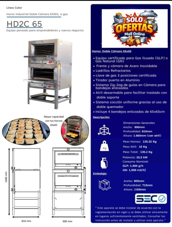Horno 2 camaras 65x65  Certificado  Gas Natural  Gas Licuado