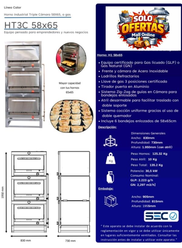Horno 3 camaras 58x65  Certificado  Gas Natural  Gas Licuado