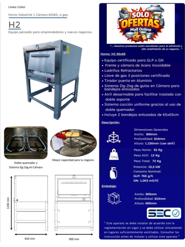 Horno 1 camara 65x65  Certificado  Gas Natural  Gas Licuado