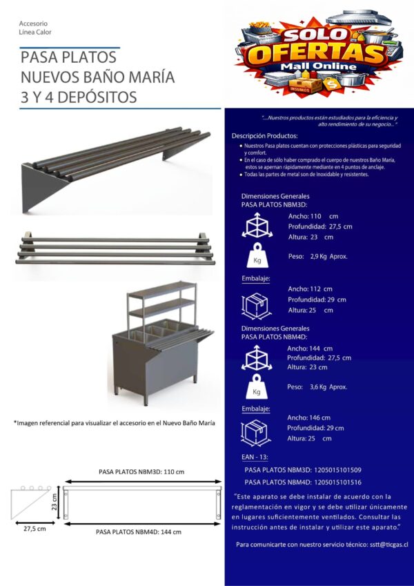 Pasa platos Baño Maria 3 y 4 depositos