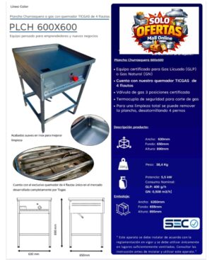 Plancha Churrasquera 600x600 full acero Certificada Gas Licuado/natural