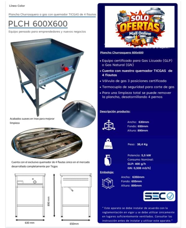 plancha churrasquera 600x600 acero certificada Plancha Churrasquera 600x600 full acero Certificada Gas Licuado/natural